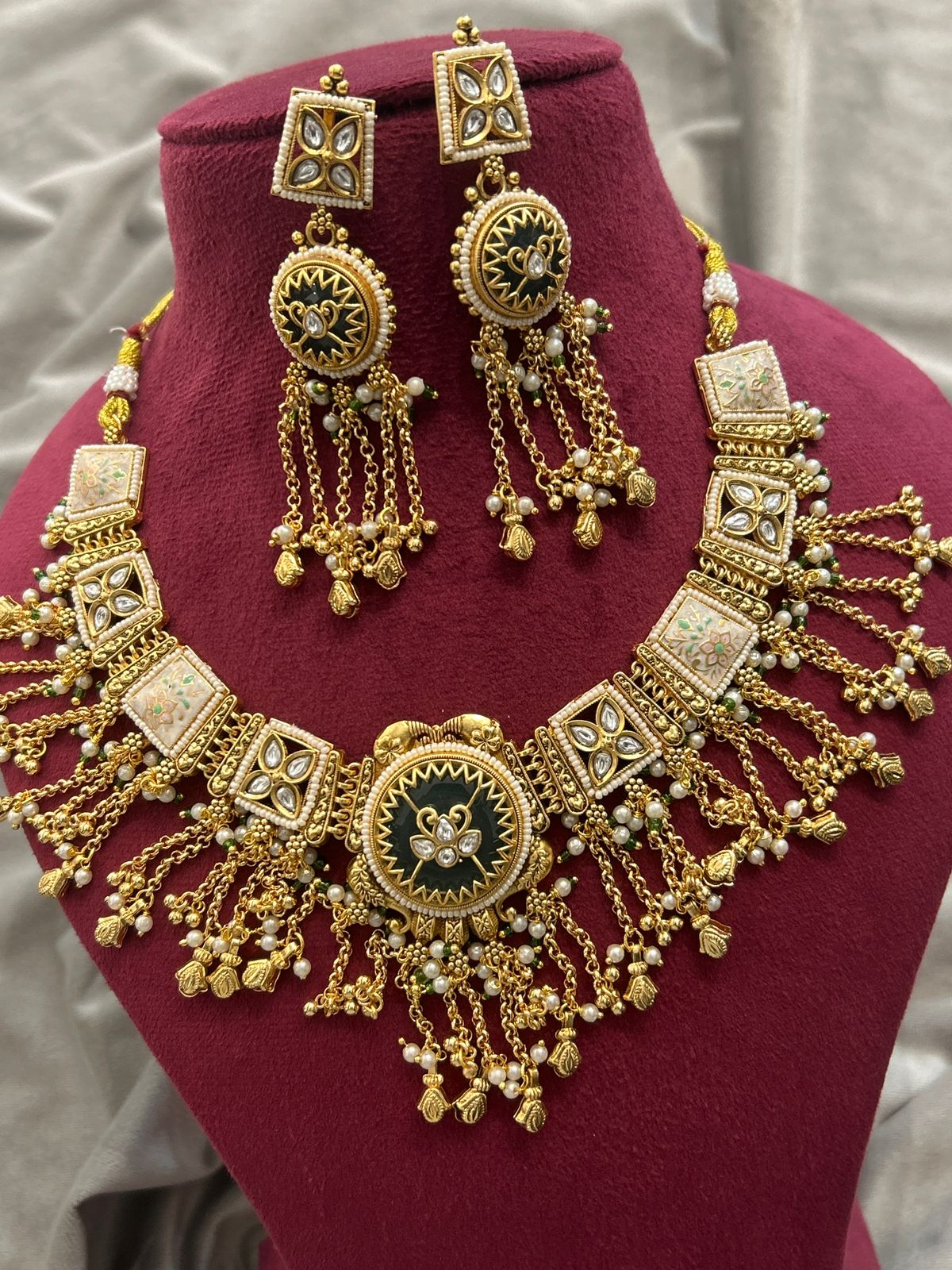 Antique Black Enamel Gold Plated Necklace Set with Pearl Chains & Earrings